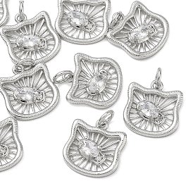 SHEGRACE Brass Clear Cubic Zirconia Charms, Cat Head Shape Charms, Cadmium Free & Lead Free & Nickel Free