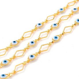 Handmade Brass Link Chains, with Evil Eye Glass Beads, Long-Lasting Plated, Unwelded, with Spool, Rhombus, Golden