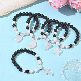 Браслеты с подвесками из натурального мадагаскарского розового кварца, лавовой породы и жемчуга из ракушек., круглые браслеты из бисера для женщин, С немагнитным синтетическим гематитом
