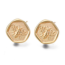 Brass Stud Earring Findings, with Loop, Nickel Free, Real 18K Gold Plated, Flat Round with Bee
