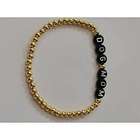 Stretch Bracelets, with Letter Acrylic Beads and Round Brass Beads