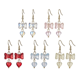 Bowknot with Heart Glass Dangle Earrings, 304 Stainless Steel Earrings