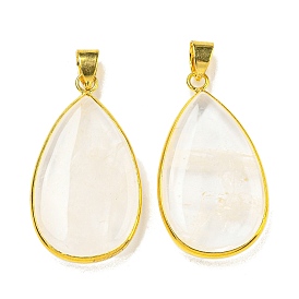 Natural Quartz Crystal Pendants, Golden Tone Rack Plating Brass Rock Crystal Teardrop Charms