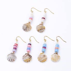 Dangle Earrings, with Polymer Clay Heishi Beads, Cellulose Acetate(Resin) Pendants, Sea Shell Beads and Golden Plated Brass Earring Hooks, Shell Shape