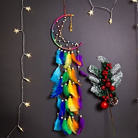 Décorations pendentif pompon en plumes de lune couleur arc-en-ciel, Ornement enveloppé de cordon en polyester avec perle en bois, pour la décoration intérieure