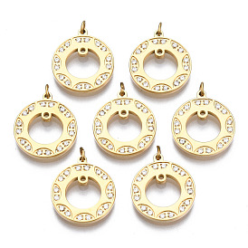 316 Surgical Stainless Steel Charms, with Micro Pave Clear Cubic Zirconia and Jump Rings, Ring