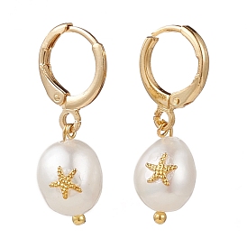 Brass Huggie Hoop Earrings, with Alloy Cabochons and Natural Baroque Pearl Keshi Pearl Beads, Oval with Starfish
