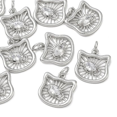 SHEGRACE Brass Clear Cubic Zirconia Charms, Cat Head Shape Charms, Cadmium Free & Lead Free & Nickel Free