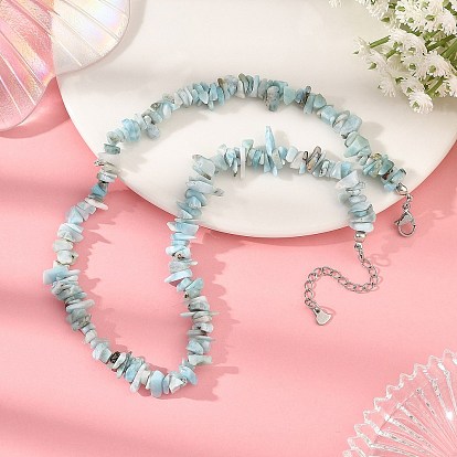 Natural Larimar Chip Beaded Necklaces with 304 Stainless Steel End Chains, Stainless Steel Color