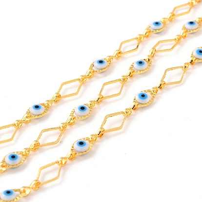 Handmade Brass Link Chains, with Evil Eye Glass Beads, Long-Lasting Plated, Unwelded, with Spool, Rhombus, Golden