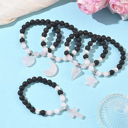 Браслеты с подвесками из натурального мадагаскарского розового кварца, лавовой породы и жемчуга из ракушек., круглые браслеты из бисера для женщин, С немагнитным синтетическим гематитом