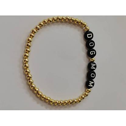 Stretch Bracelets, with Letter Acrylic Beads and Round Brass Beads