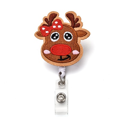 Christmas Reindeer/Stag/Deer Felt & ABS Plastic Badge Reel, Retractable Badge Holder, with Iron Alligator Clip, Platinum