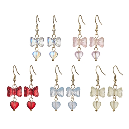 Bowknot with Heart Glass Dangle Earrings, 304 Stainless Steel Earrings