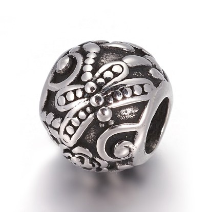 Retro 316 Surgical Stainless Steel European Style Beads, Large Hole Beads, Round with Dragonfly