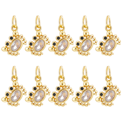 10Pcs Brass Micro Pave Clear Cubic Zirconia Pendants, Crab Charms, Long-Lasting Plated, Cadmium Free & Lead Free, with Jump Ring