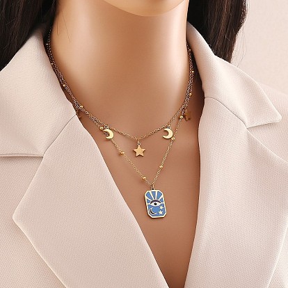 304 двухслойные ожерелья из нержавеющей стали с эмалированным глазом, луной и звездой для женщин, золотые