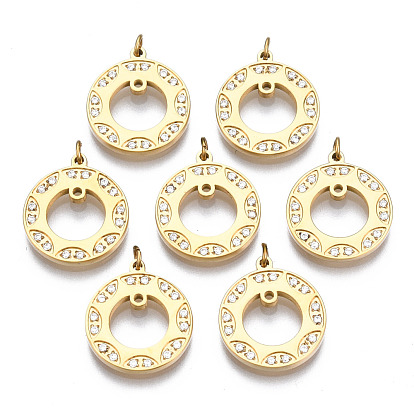 316 Surgical Stainless Steel Charms, with Micro Pave Clear Cubic Zirconia and Jump Rings, Ring
