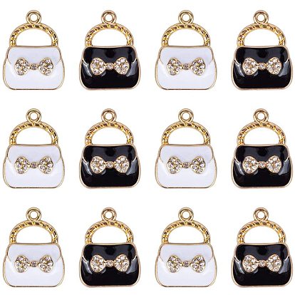 Golden Plated Alloy Pendants, with Enamel and Crystal Rhinestone, Handbag with Bowknot