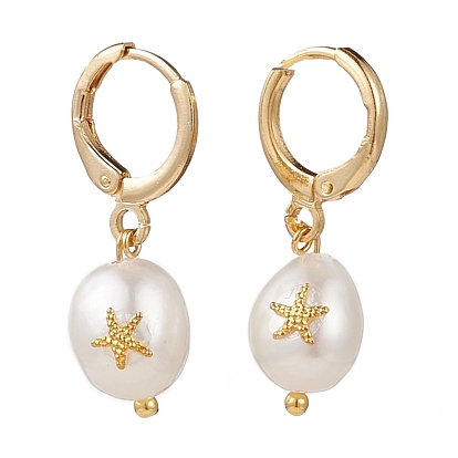 Brass Huggie Hoop Earrings, with Alloy Cabochons and Natural Baroque Pearl Keshi Pearl Beads, Oval with Starfish