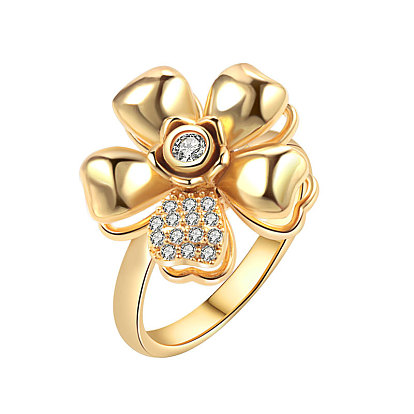 Flower Rotatable Finger Ring for Women, Brass Micro Pave Clear Cubic Zirconia Fidget Spinner Rings