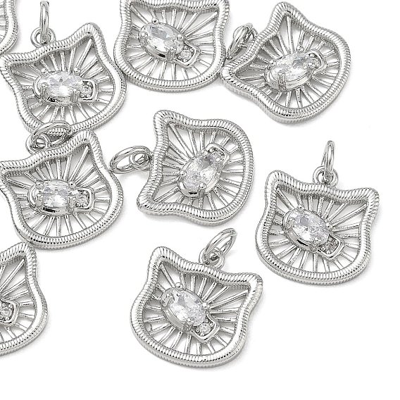 SHEGRACE Brass Clear Cubic Zirconia Charms, Cat Head Shape Charms, Cadmium Free & Lead Free & Nickel Free