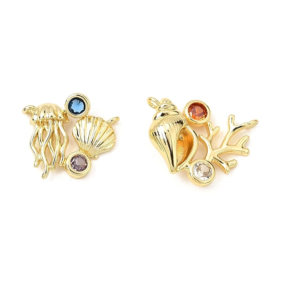 Brass Micro Pave Colorful Cubic Zirconia Pendants, Shell Shape Charms