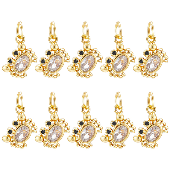 10Pcs Brass Micro Pave Clear Cubic Zirconia Pendants, Crab Charms, Long-Lasting Plated, Cadmium Free & Lead Free, with Jump Ring