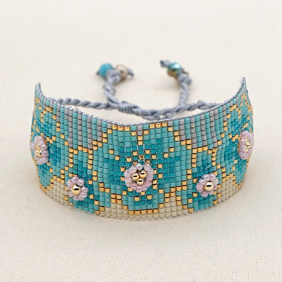 Friendship Flower Loom Pattern Seed Beads Bracelets for Women, Adjustable Nylon Cord Braided Bead Bracelets