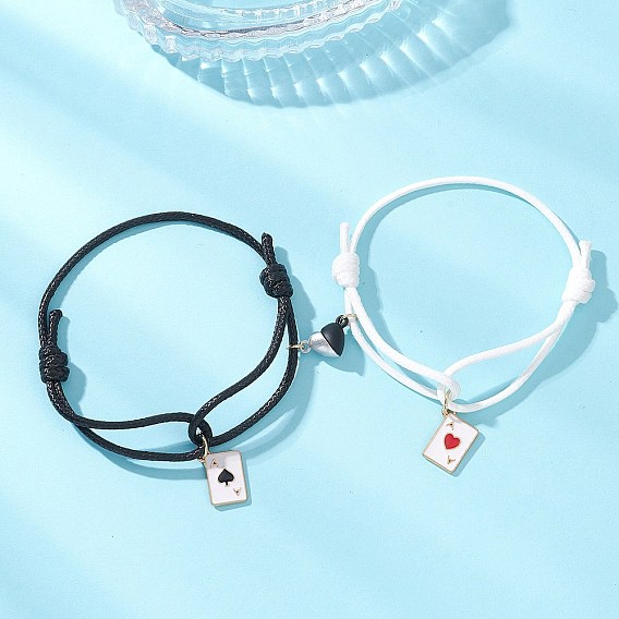 2 шт. браслеты с подвесками в виде карт пик из эмалированного сплава, Браслеты из вощеного полиэстерного шнура, плетеные для пары., с магнитными застежками в форме сердца
