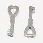 304 Stainless Steel Pendants, Key with Heart, 30x9x2mm, Hole: 4x6mm