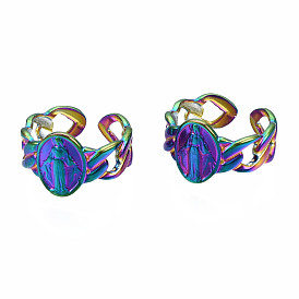 Ovale avec anneaux de manchette jésus, religion anneaux grands ouverts, couleur arc-en-ciel 304 bague en acier inoxydable pour femme