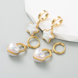 Golden Heart-shaped Titanium Steel Pearl Earrings for a Sophisticated and Elegant Look