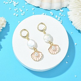 Серьги-кольца из натурального жемчуга и сплава, с эмалью и жемчужинами из АБС-пластика, плоский круглый в форме ракушки