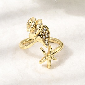 Латунные кольца-манжеты с микропаве из прозрачных кубических цирконий, морская звезда в форме раковины, без кадмия и без свинца, долговечный, стойки покрытие