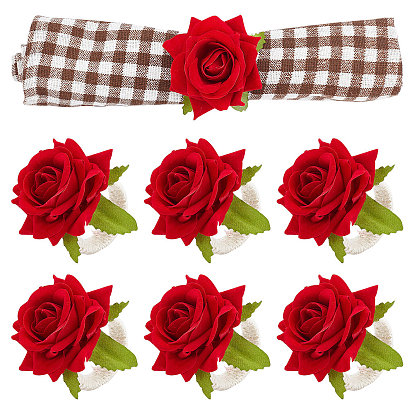 6 Pcs anillos de servilleta de yute trenzado, con flor de rosa artificial de seda, para la boda, Día de San Valentín, aniversario