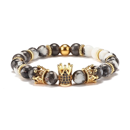 Round Gemstone Beaded Stretch Bracelet with Crown for Women, Golden