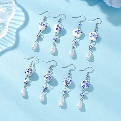 4 пары фарфоровых серег ручной работы, с фурнитурой для сережек из сплава в тибетском стиле и АБС-пластика, имитирующей жемчуг, а также из железа и нержавеющей стали, круглый и цветочный