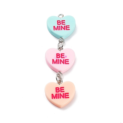 Valentine's Day Opaque Resin Big Pendants, with Platinum Plated Iron Findings, Three Heart Charms with Word BE MINE