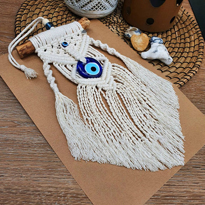 Cotton and Linen Cord Macrame Woven Tassel Wall Hanging, Glass Evil Eye Hanging Ornament with Wood Sticks, for Home Decoration