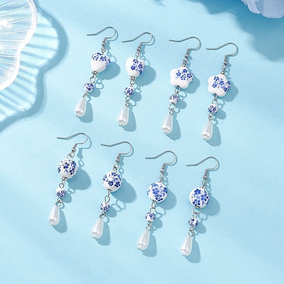 4 пары фарфоровых серег ручной работы, с фурнитурой для сережек из сплава в тибетском стиле и АБС-пластика, имитирующей жемчуг, а также из железа и нержавеющей стали, круглый и цветочный
