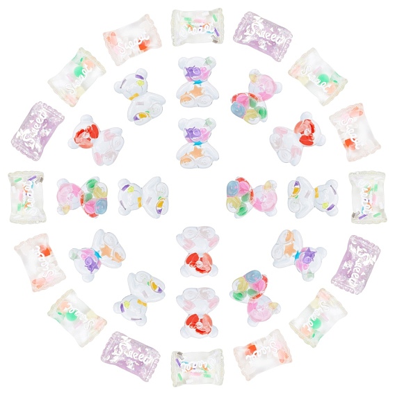 Transparent Resin Cabochons, with Polymer Clay, Bear & Candy