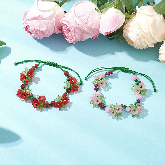 Pulseras de flores acrílicas, cuentas de semillas Miyuki, cornalina natural y jade amarillo, Pulseras trenzadas con cordón de nailon ajustable para mujer.