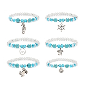 6Pcs 6 Style Synthetic Turquoise & Glass Beaded Stretch Bracelets Set, Sea Horse & Helm & Tortoise & Crab & Shell Shape Zinc Alloy Charms Stackable Bracelets for Women
