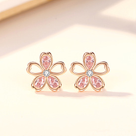 Цветок сакуры 925 серьги-гвоздики из стерлингового серебра с кубическим цирконием