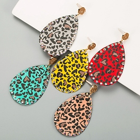 PU Leather Stud Earring, with Rhinestone, Teardrop