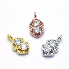 Brass Charms, with Cubic Zirconia, Cadmium Free & Nickel Free & Lead Free, Double Heart