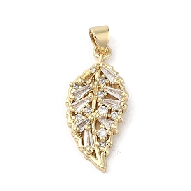 Rack Plating Brass Micro Pave Cubic Zirconia Pendants, Leaf, Long-Lasting Plated, Cadmium Free & Lead Free