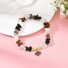 Natürliche Armbänder aus Tigerauge, Obsidian, Howlith und Rauchquarzsplittern, mit Lotusblumen-Anhängern aus Messing mit Mikropavé-Zirkonia, golden