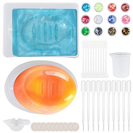 Olycraft DIY Oval Soap & Soap Storage Box Molds Kits, with Nail Art Sequins/Paillette, Transparent Plastic Round Stirring Rod, Disposable Latex Finger Cots